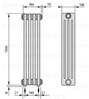 Схема (чертеж) Радиатор Zehnder Charleston 4150/4 №3570 Белый глянцевый RAL 9016